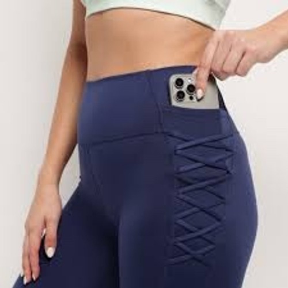 All In Motion High-Rise Criss-Cross Side Pockets Stretch Leggings, Blue, Medium